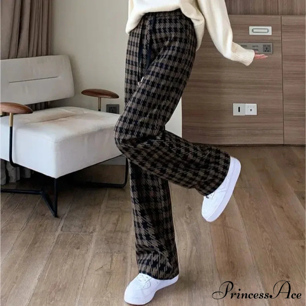 Checked Cinched Casual Wide Leg Trousers