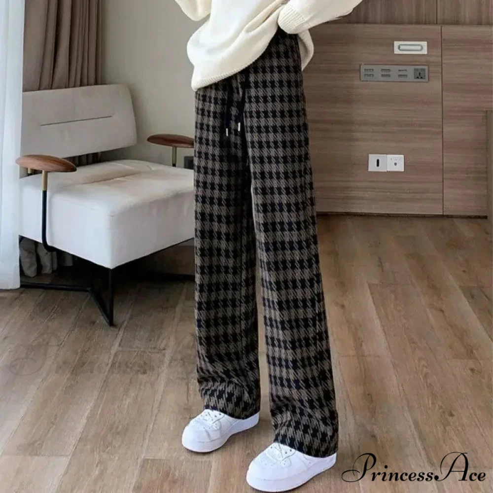 Checked Cinched Casual Wide Leg Trousers - Image 2