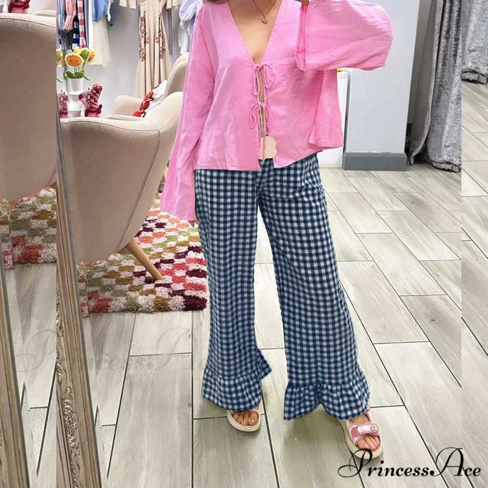 Checked Flared Checkered Long Elastic Waist Fit Pant - Image 2