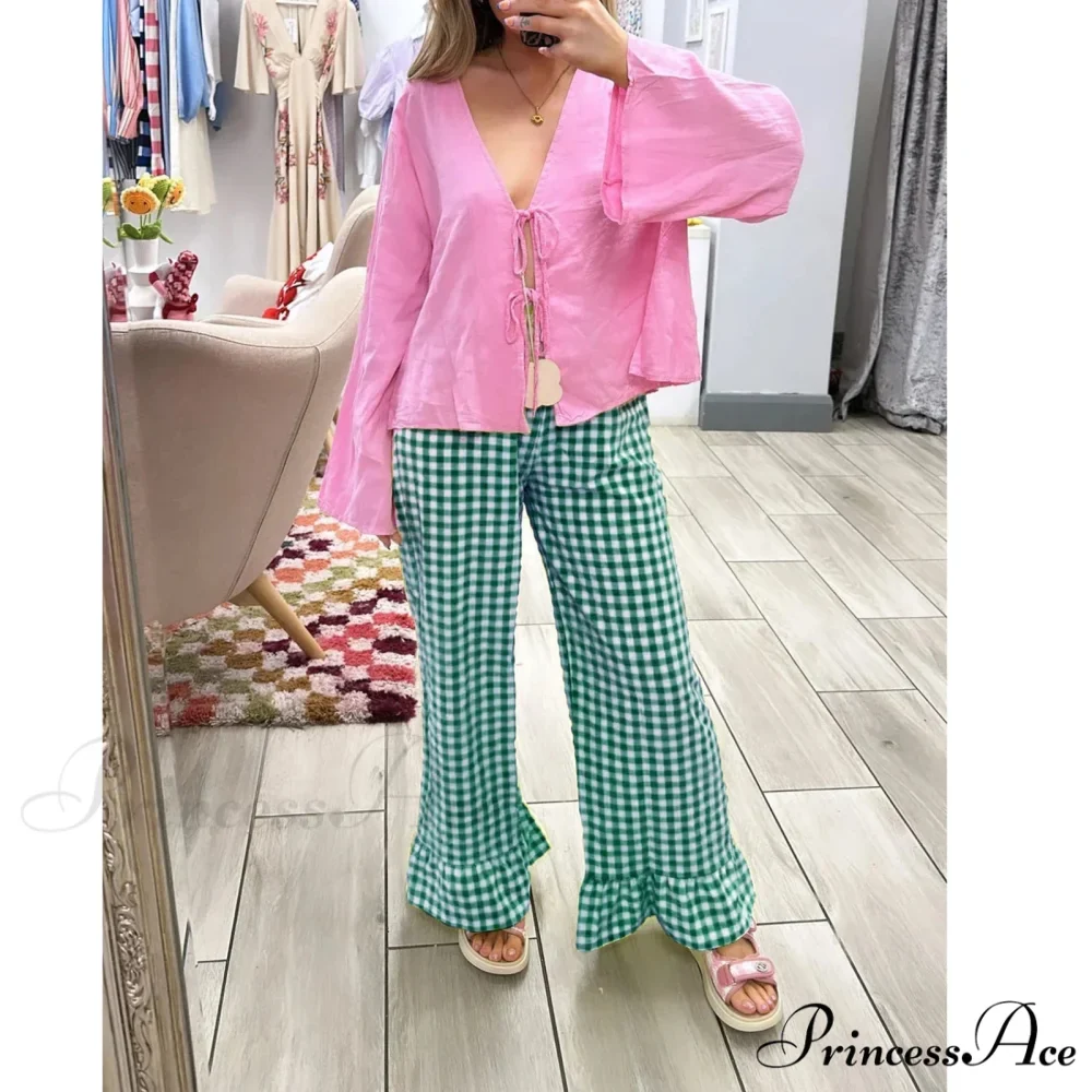 Checked Flared Checkered Long Elastic Waist Fit Pant - Image 7