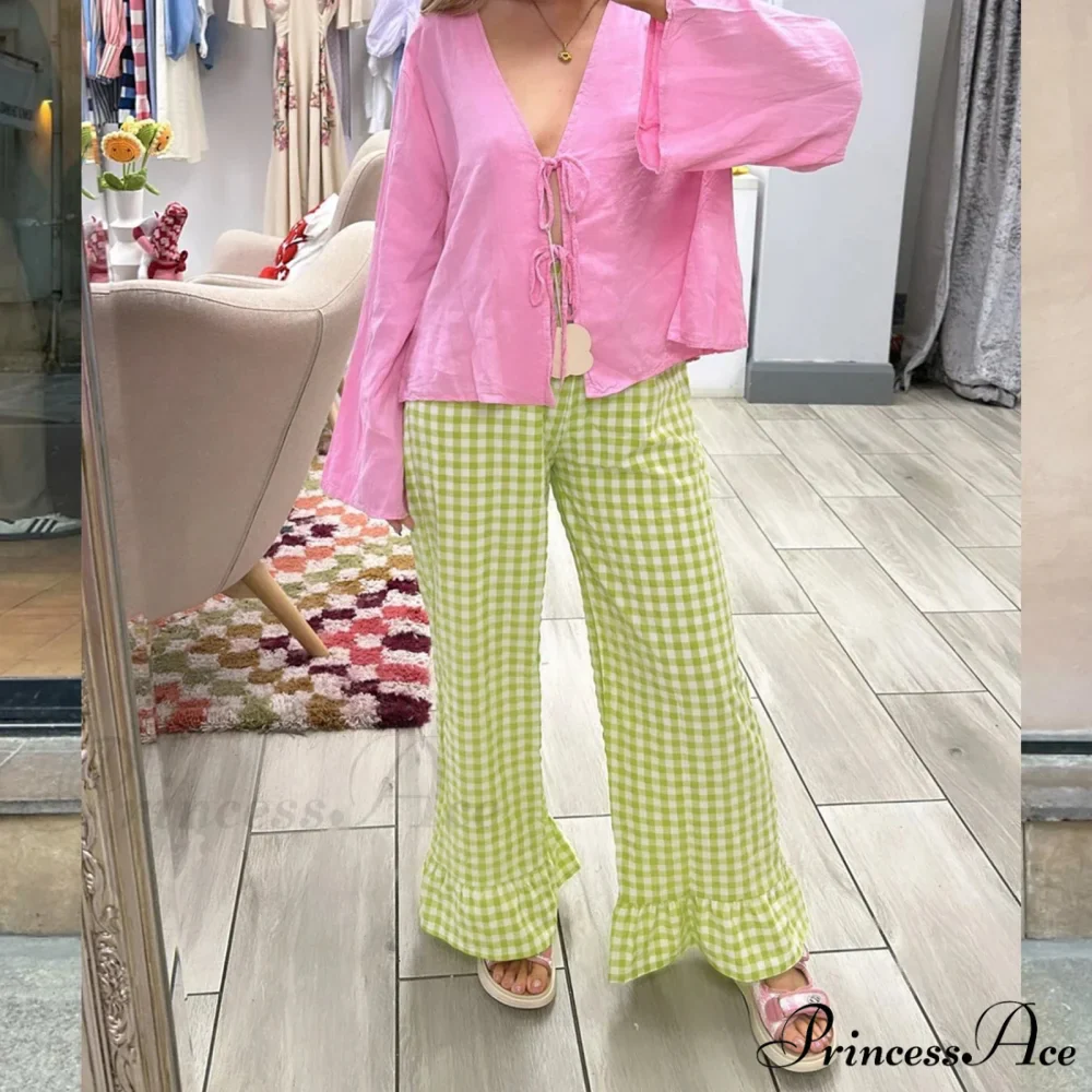 Checked Flared Checkered Long Elastic Waist Fit Pant - Image 8