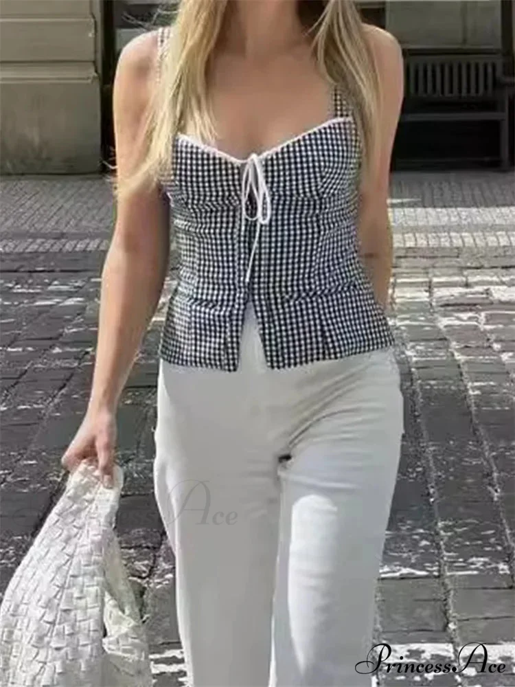 Checkered Backless Lace-up Front Split Tank Crop Top - Image 4