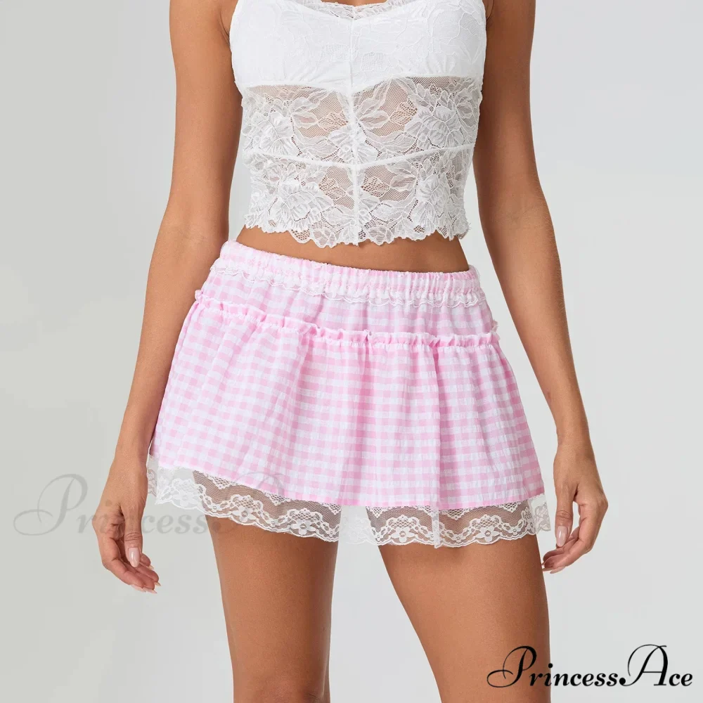 Checkered Blossom Lace Patchwork Skirt - Image 3