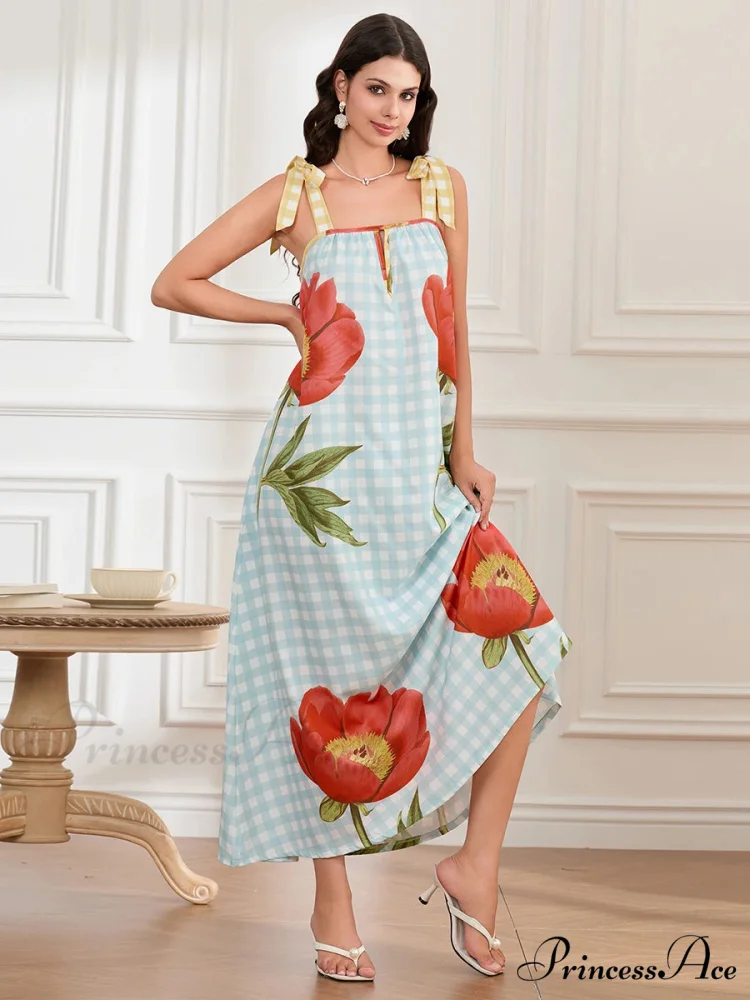 Checkered Blossom Sleeveless Tank Floral Dress - Image 4