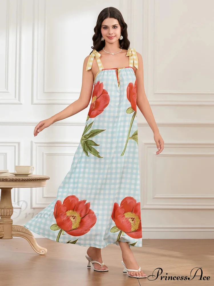 Checkered Blossom Sleeveless Tank Floral Dress - Image 6