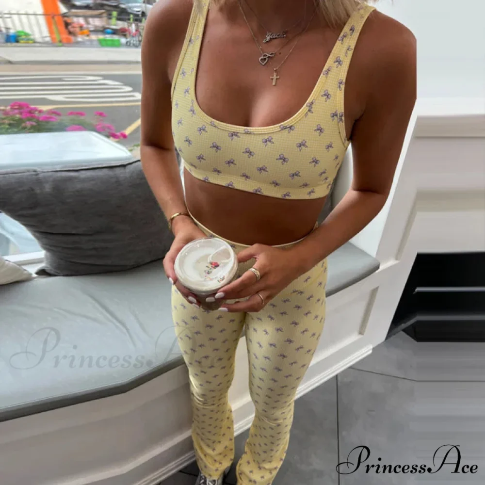 Checkered Bow Print Cropped Tank High Waist Slim Leggings Two Pieces Set - Image 3