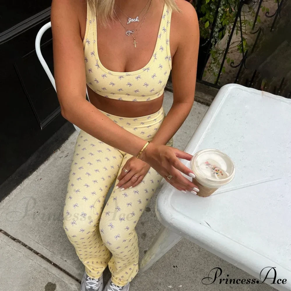 Checkered Bow Print Cropped Tank High Waist Slim Leggings Two Pieces Set - Image 4