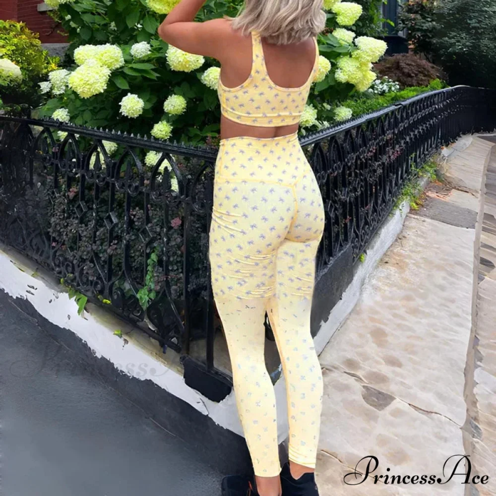 Checkered Bow Print Cropped Tank High Waist Slim Leggings Two Pieces Set - Image 5