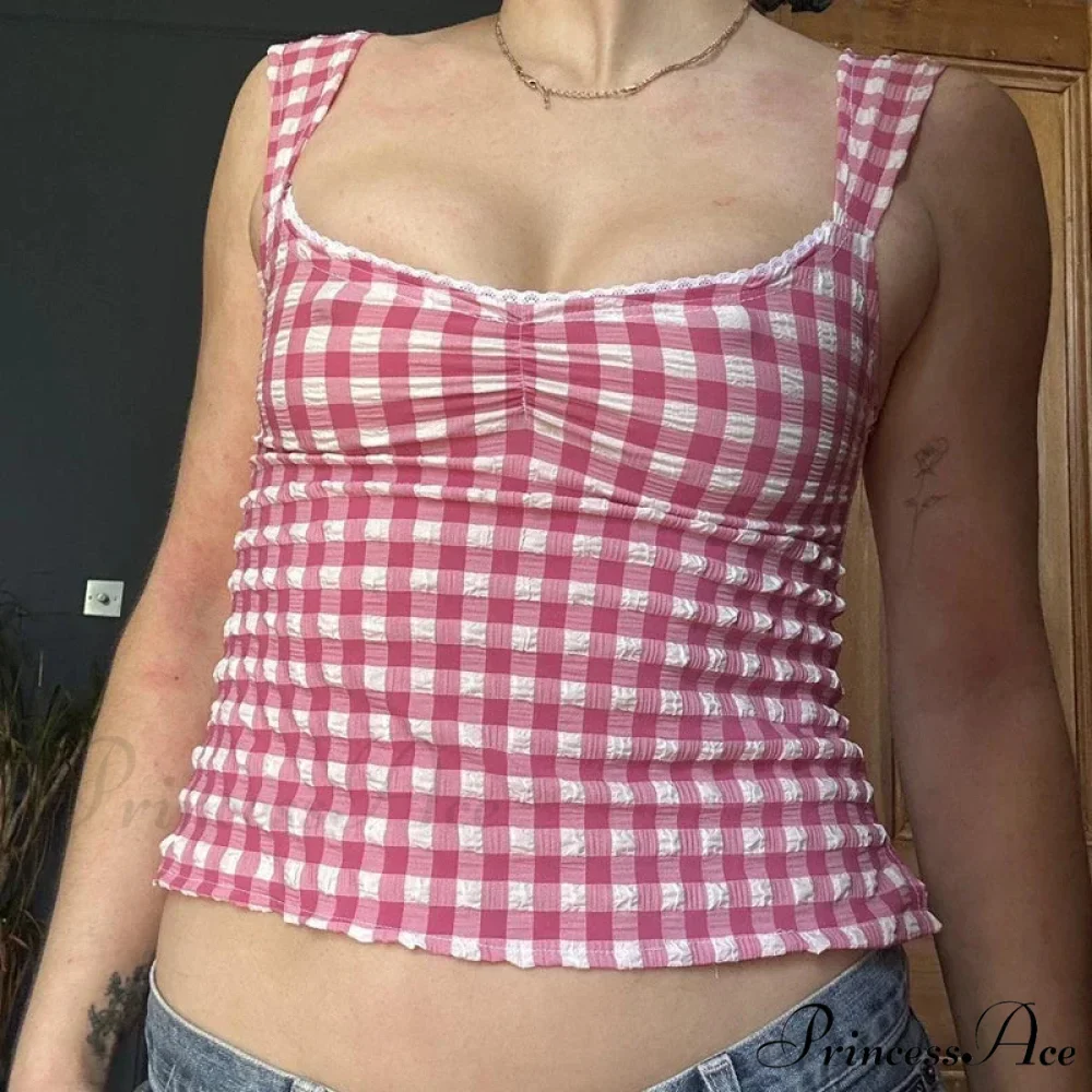 Checkered Checked Lace Trim Square Collar Slim Fit Y2K Vintage Backless Crop Top - Image 3