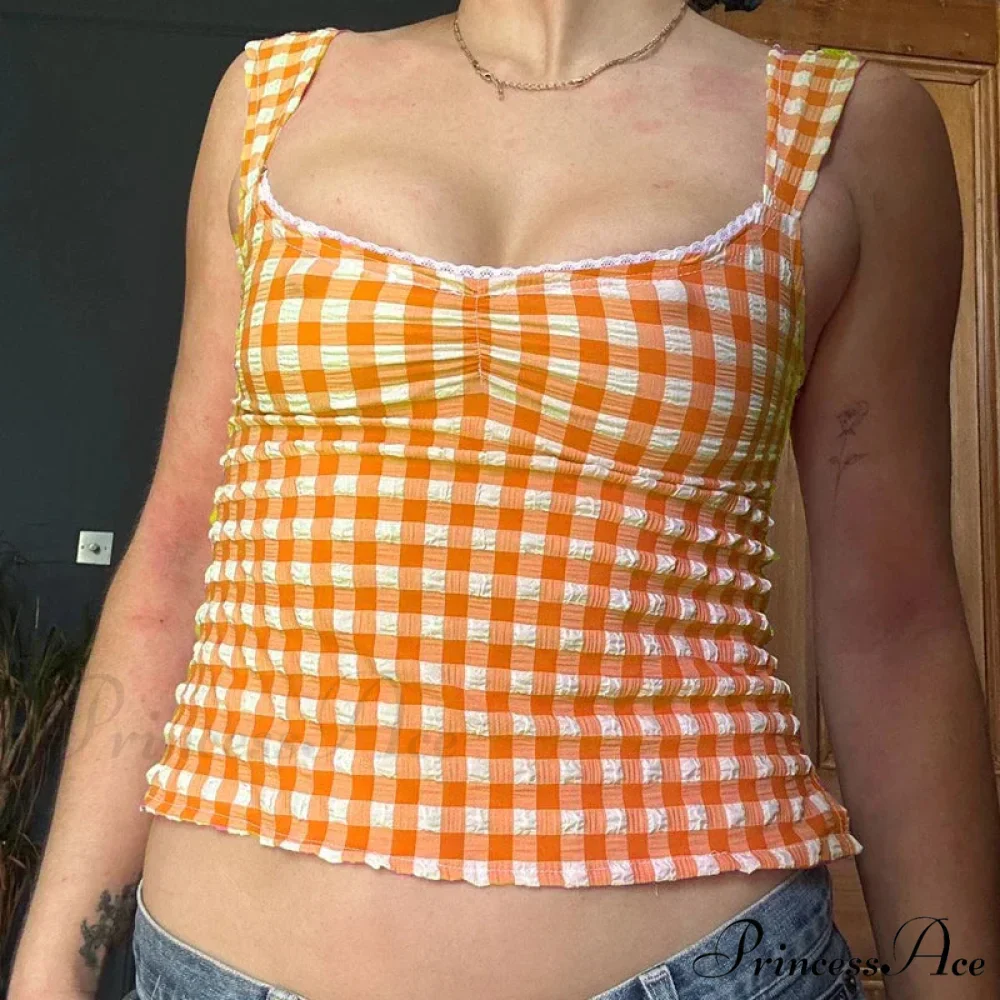 Checkered Checked Lace Trim Square Collar Slim Fit Y2K Vintage Backless Crop Top - Image 5