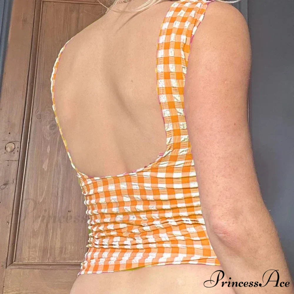 Checkered Checked Lace Trim Square Collar Slim Fit Y2K Vintage Backless Crop Top - Image 6