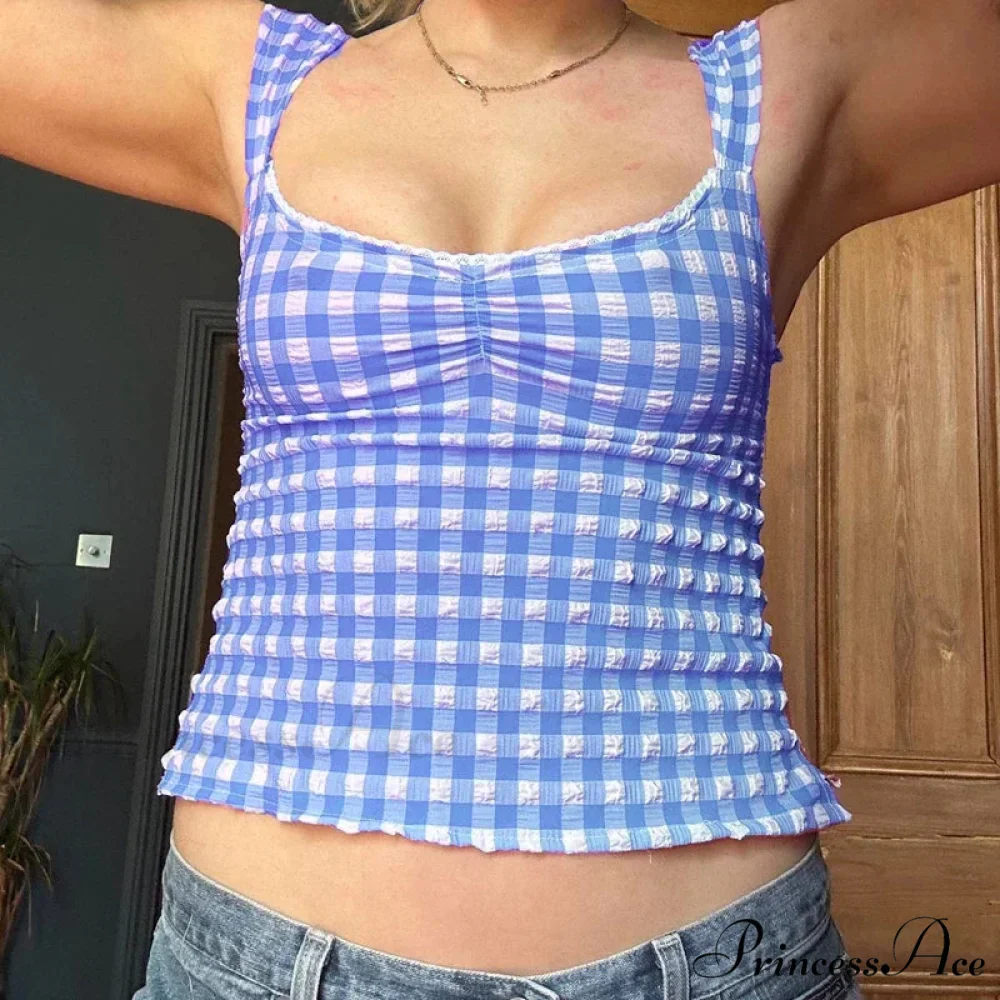 Checkered Checked Lace Trim Square Collar Slim Fit Y2K Vintage Backless Crop Top - Image 7
