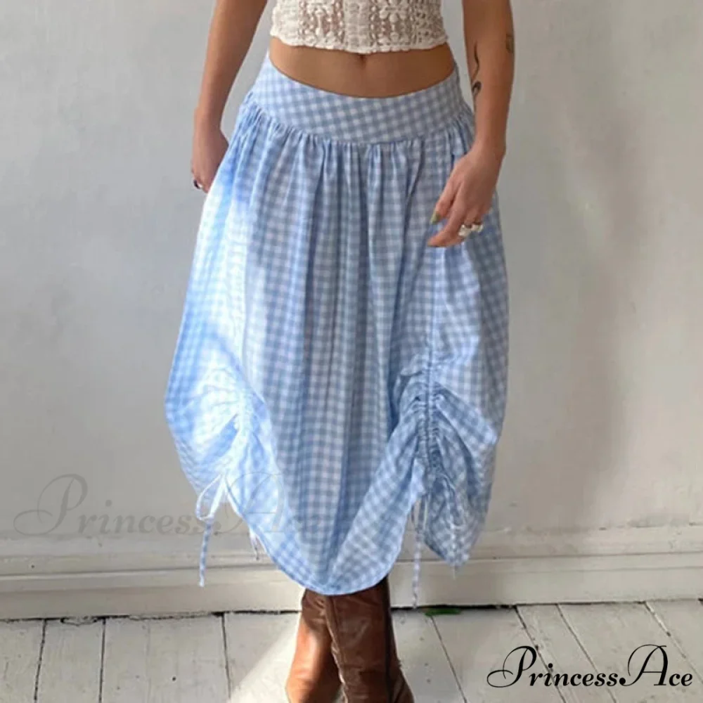 Checkered Cinched Waist Long Skirt - Image 3