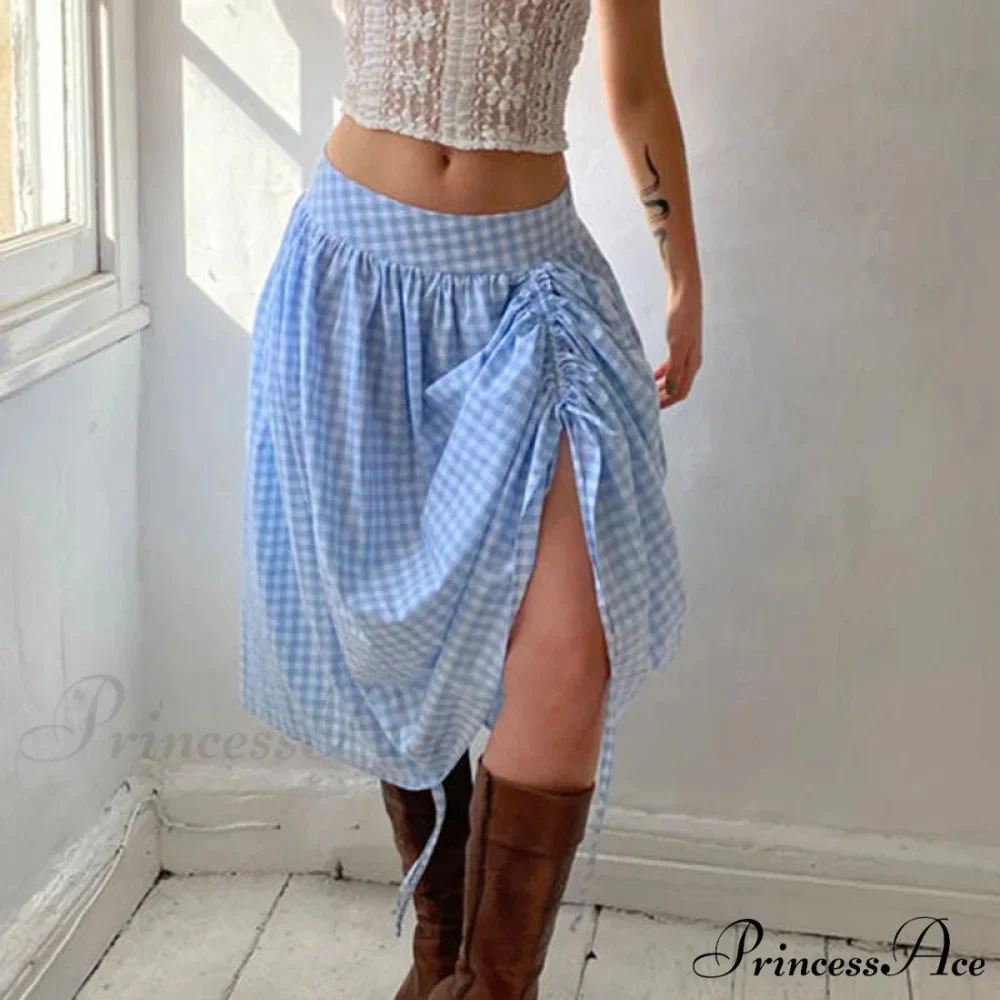 Checkered Cinched Waist Long Skirt - Image 5