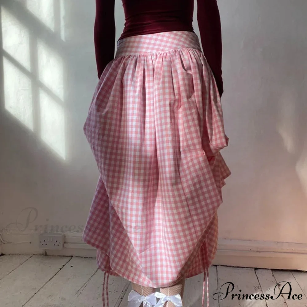 Checkered Cinched Waist Long Skirt - Image 6