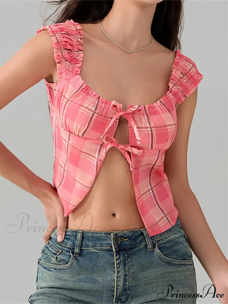 Checkered Circular Neck Front Split Sleeveless Crop Top - Image 5