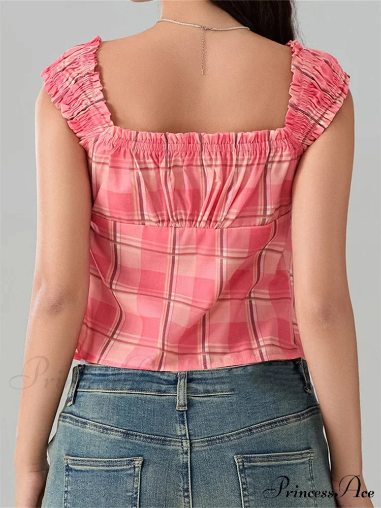 Checkered Circular Neck Front Split Sleeveless Crop Top - Image 6