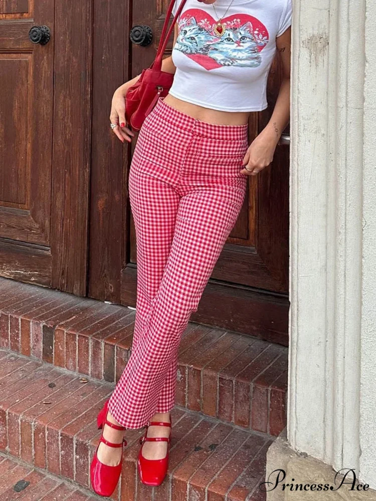 Checkered Crimson High Waist Flare Plaid Pant - Image 3