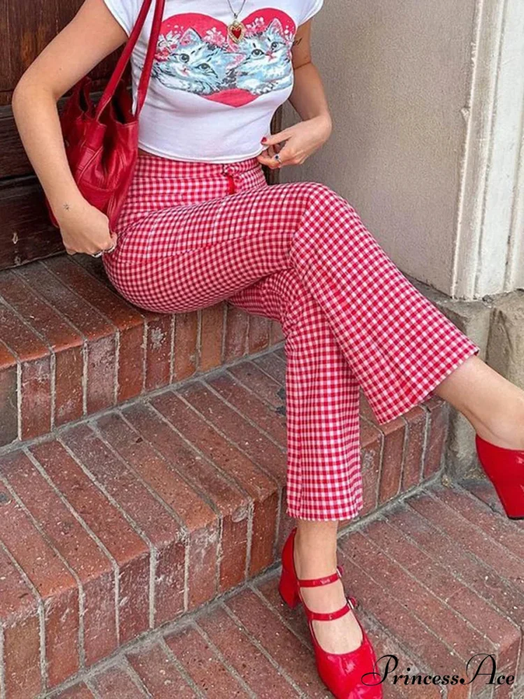 Checkered Crimson High Waist Flare Plaid Pant - Image 4