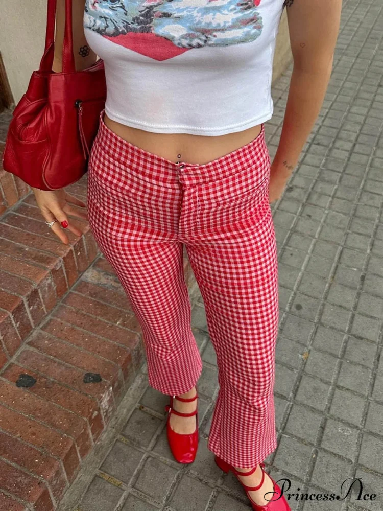 Checkered Crimson High Waist Flare Plaid Pant - Image 5