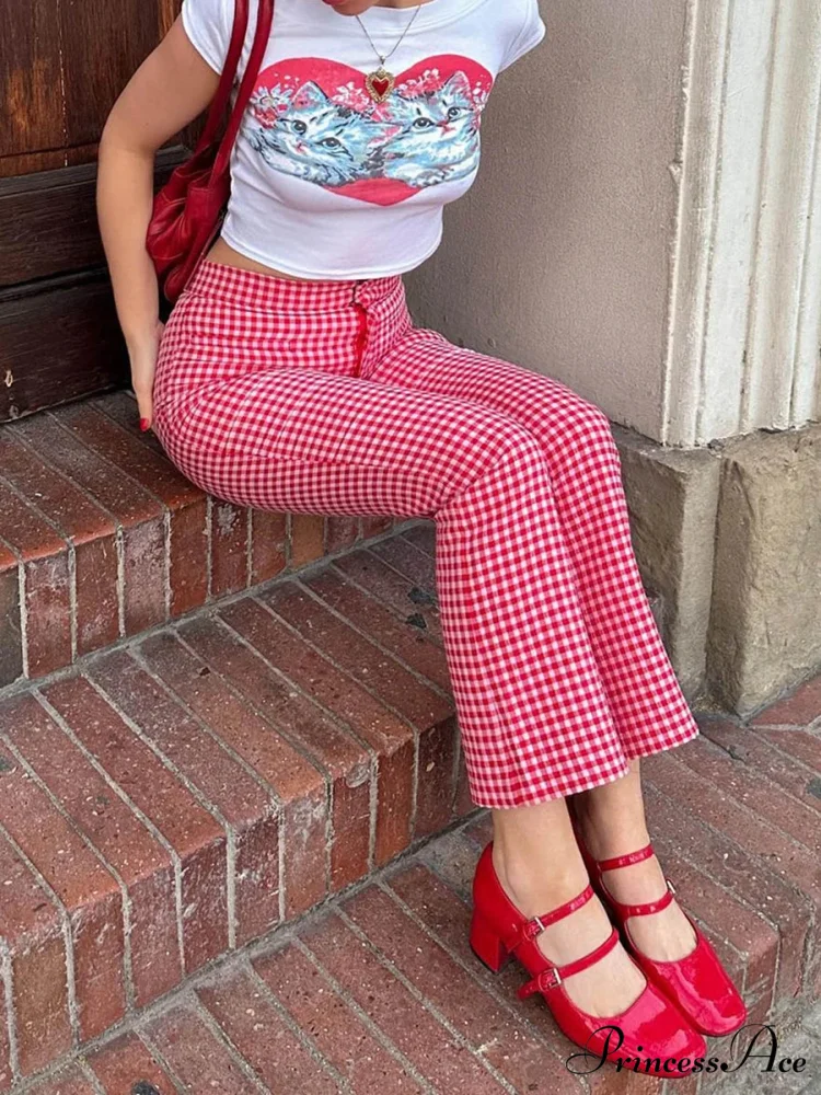 Checkered Crimson High Waist Flare Plaid Pant - Image 6