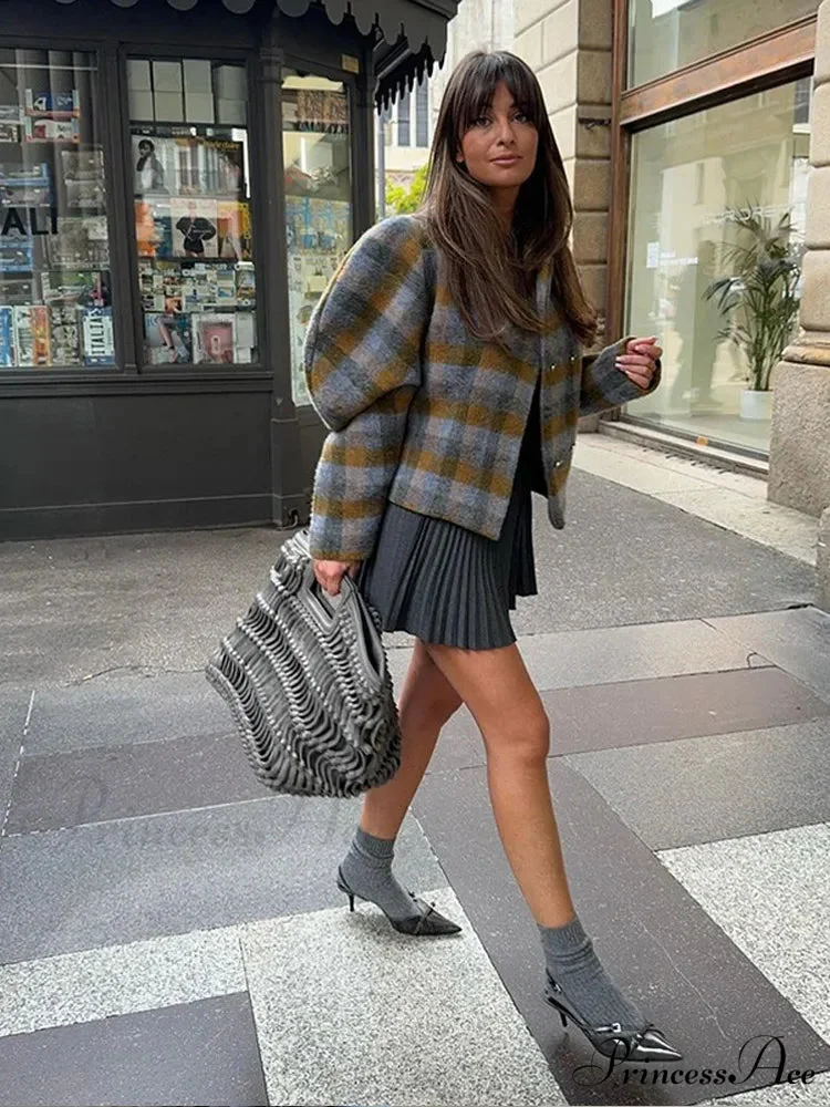 Checkered Dual Buttoned Trim Wool Coat - Image 4