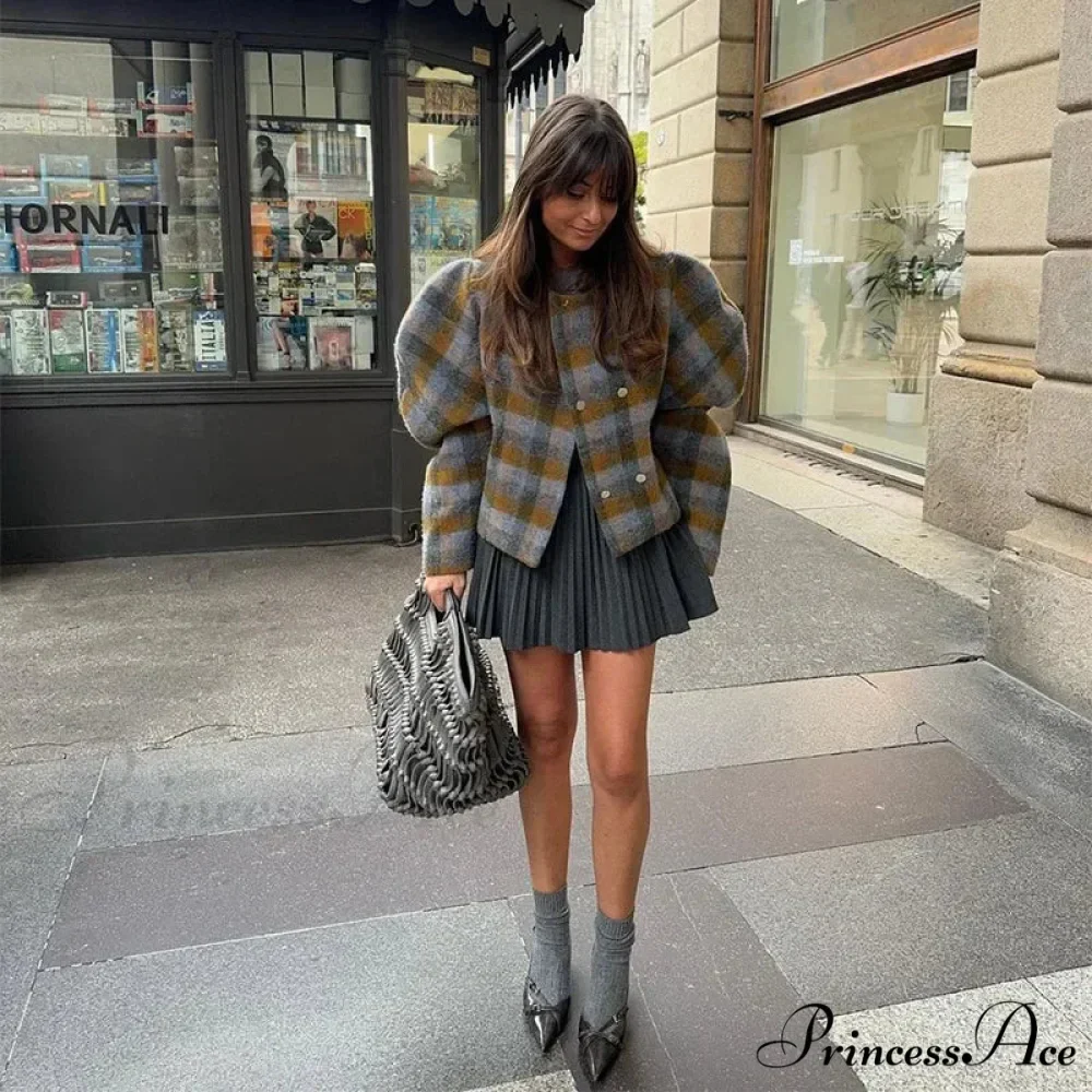 Checkered Dual Buttoned Trim Wool Coat - Image 7