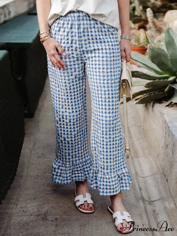Checkered Flounced Hem Stretchy Waist Baggy Sleep Pant - Image 5