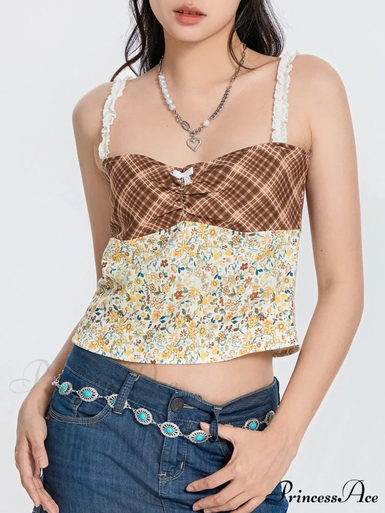Checkered Flowery Patchwork Bow Tie-up Backless Crop Top - Image 2