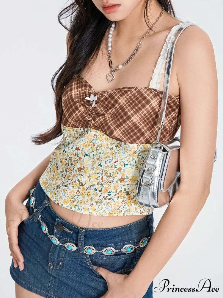 Checkered Flowery Patchwork Bow Tie-up Backless Crop Top - Image 3