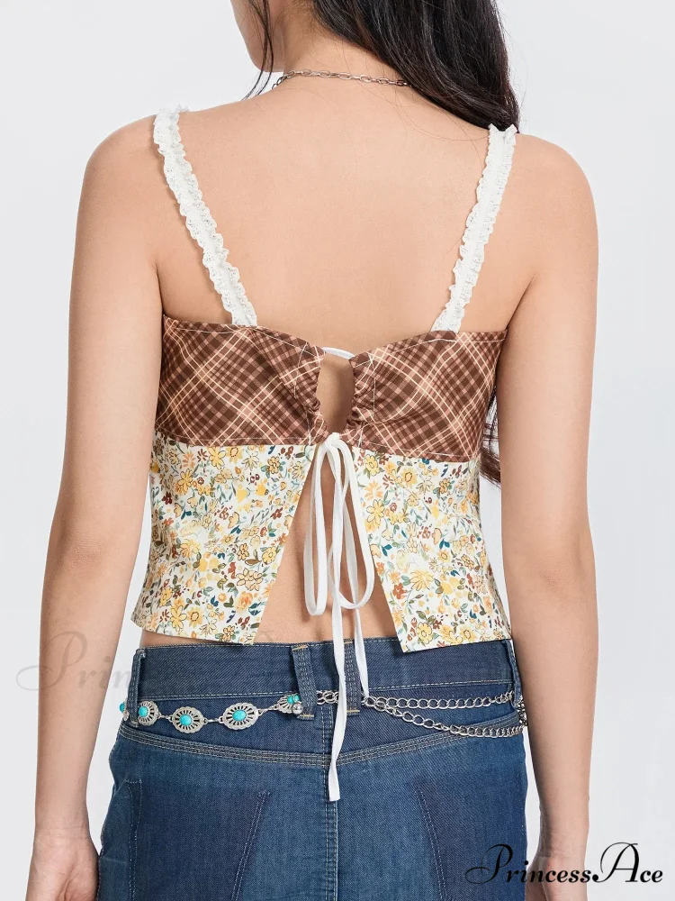 Checkered Flowery Patchwork Bow Tie-up Backless Crop Top - Image 4