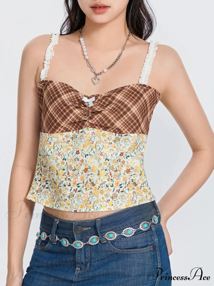 Checkered Flowery Patchwork Bow Tie-up Backless Crop Top - Image 5