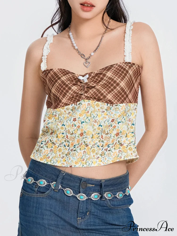 Checkered Flowery Patchwork Bow Tie-up Backless Crop Top - Image 6