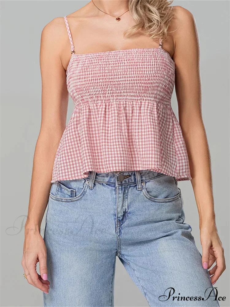 Checkered Frilled Hem Square Neck Spaghetti Crop Top - Image 3