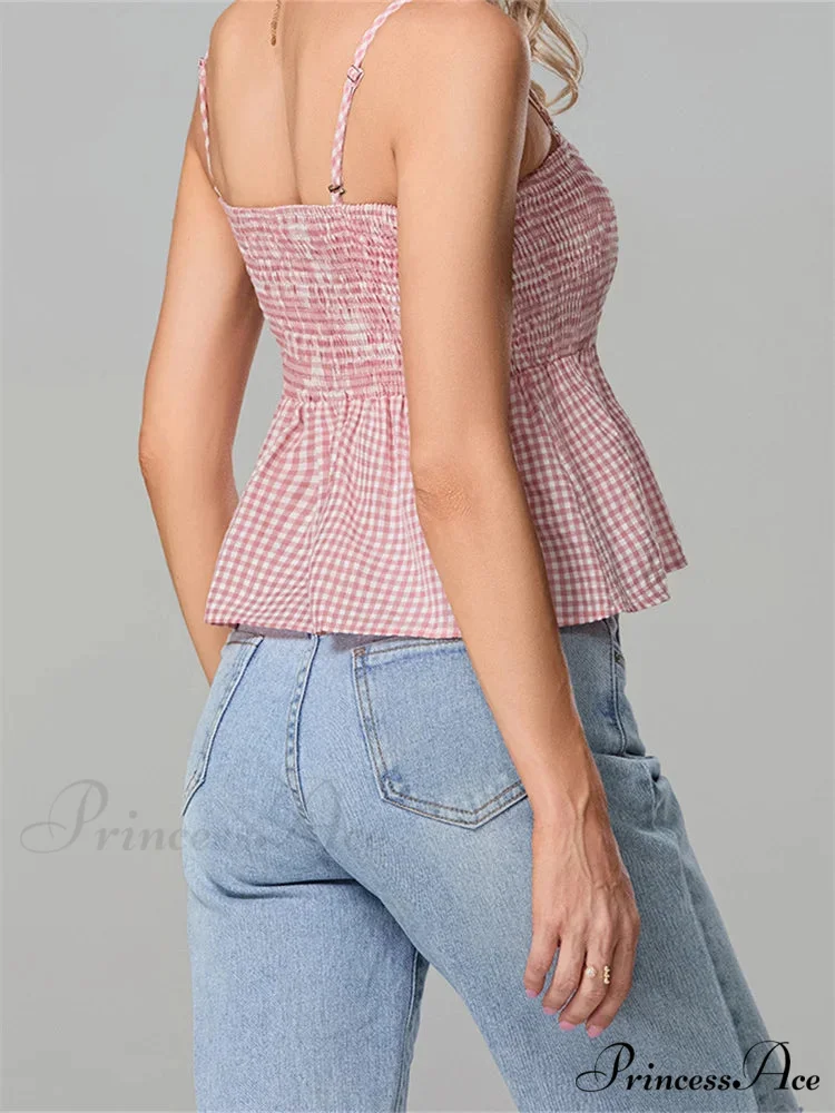 Checkered Frilled Hem Square Neck Spaghetti Crop Top - Image 4