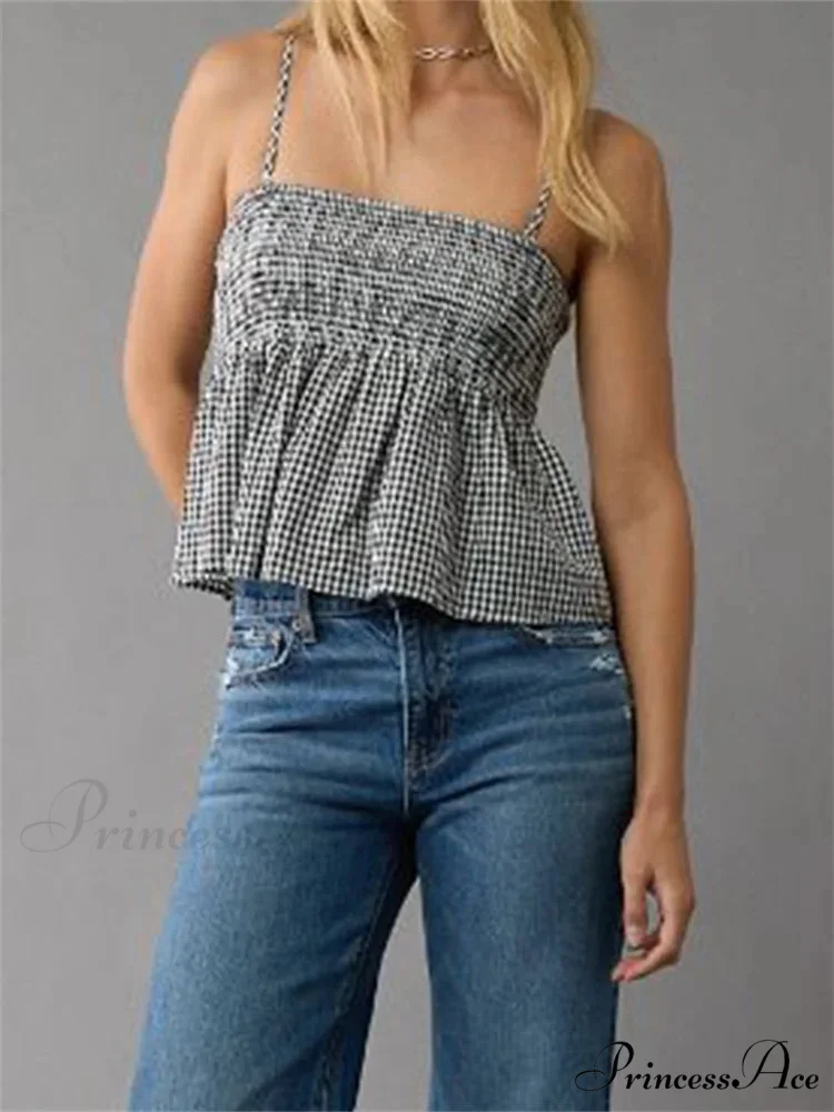 Checkered Frilled Hem Square Neck Spaghetti Crop Top - Image 5