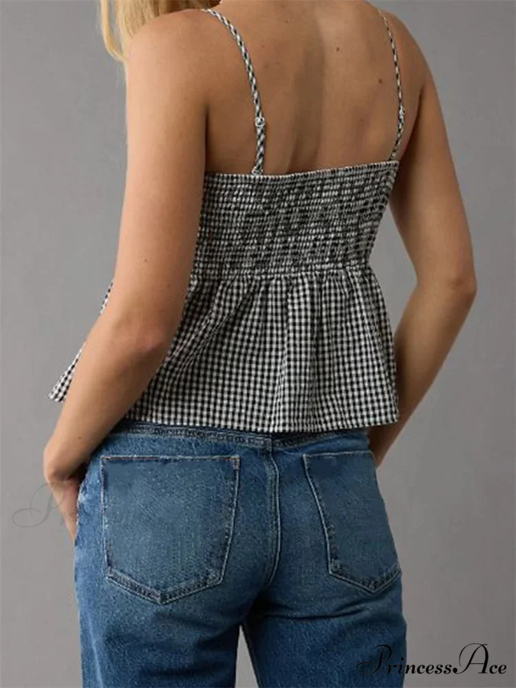 Checkered Frilled Hem Square Neck Spaghetti Crop Top - Image 6