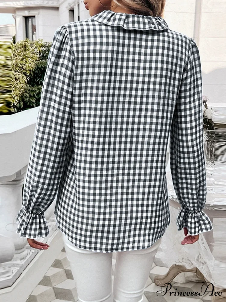 Checkered Frilled Plunging Neckline Top - Image 2