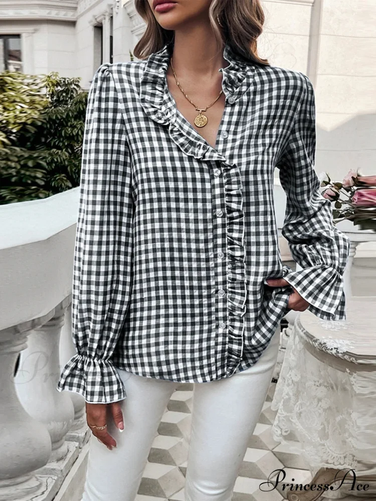 Checkered Frilled Plunging Neckline Top - Image 4