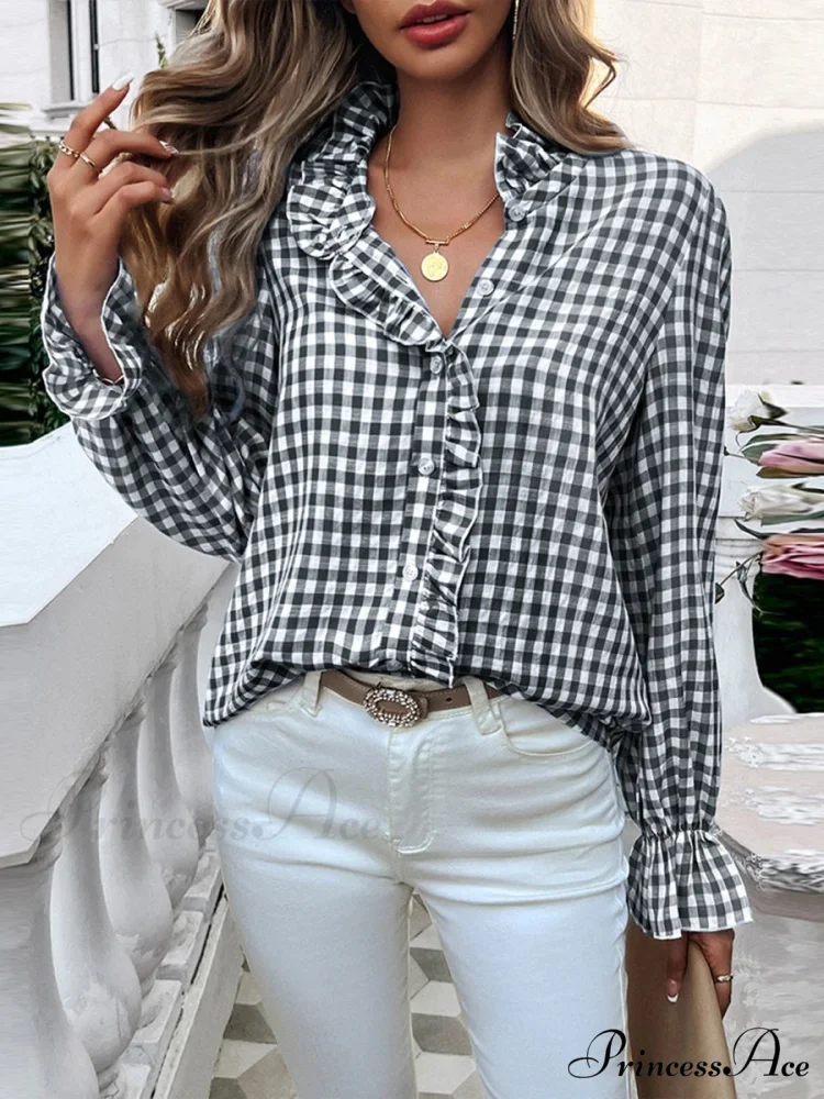 Checkered Frilled Plunging Neckline Top - Image 5