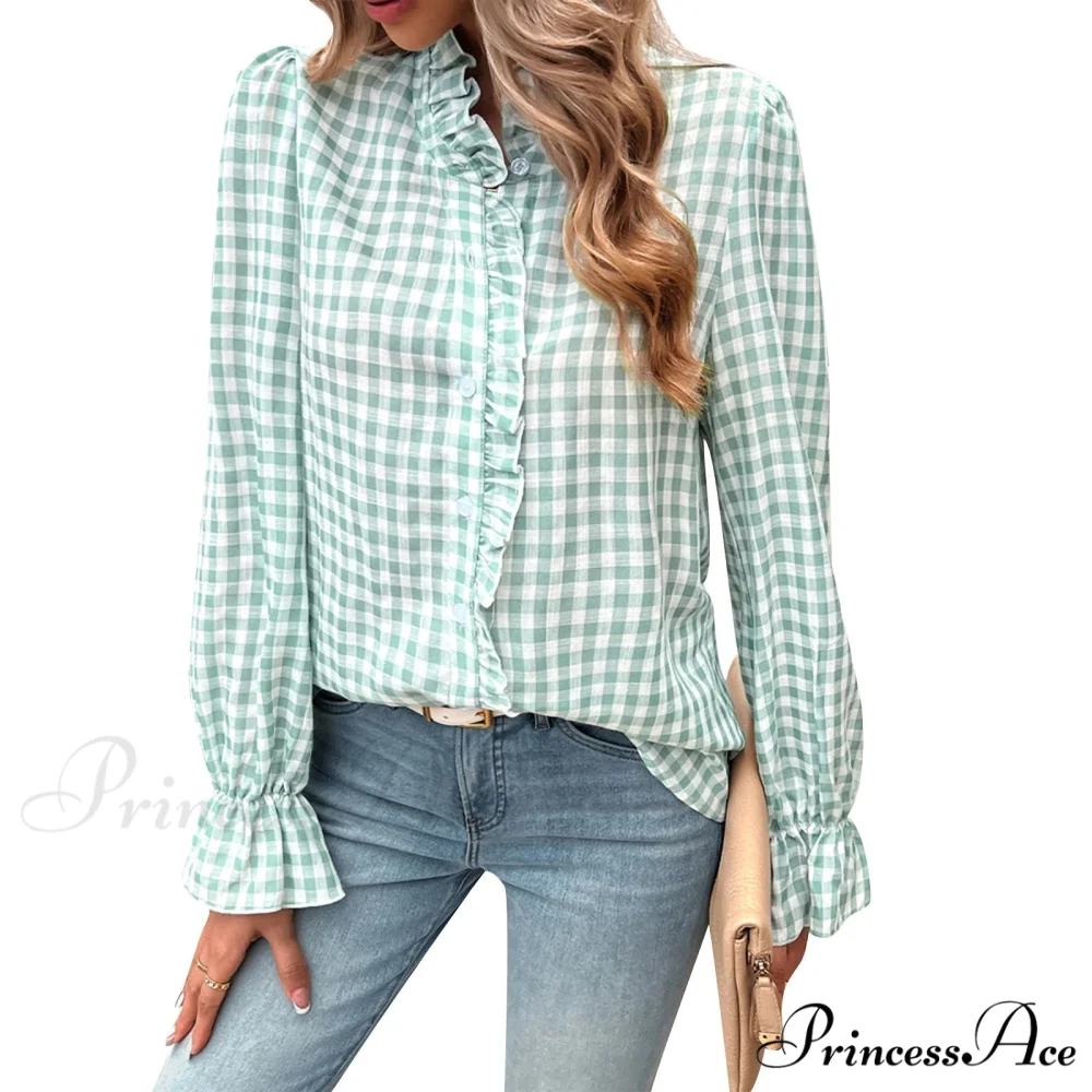 Checkered Frilled Plunging Neckline Top - Image 6
