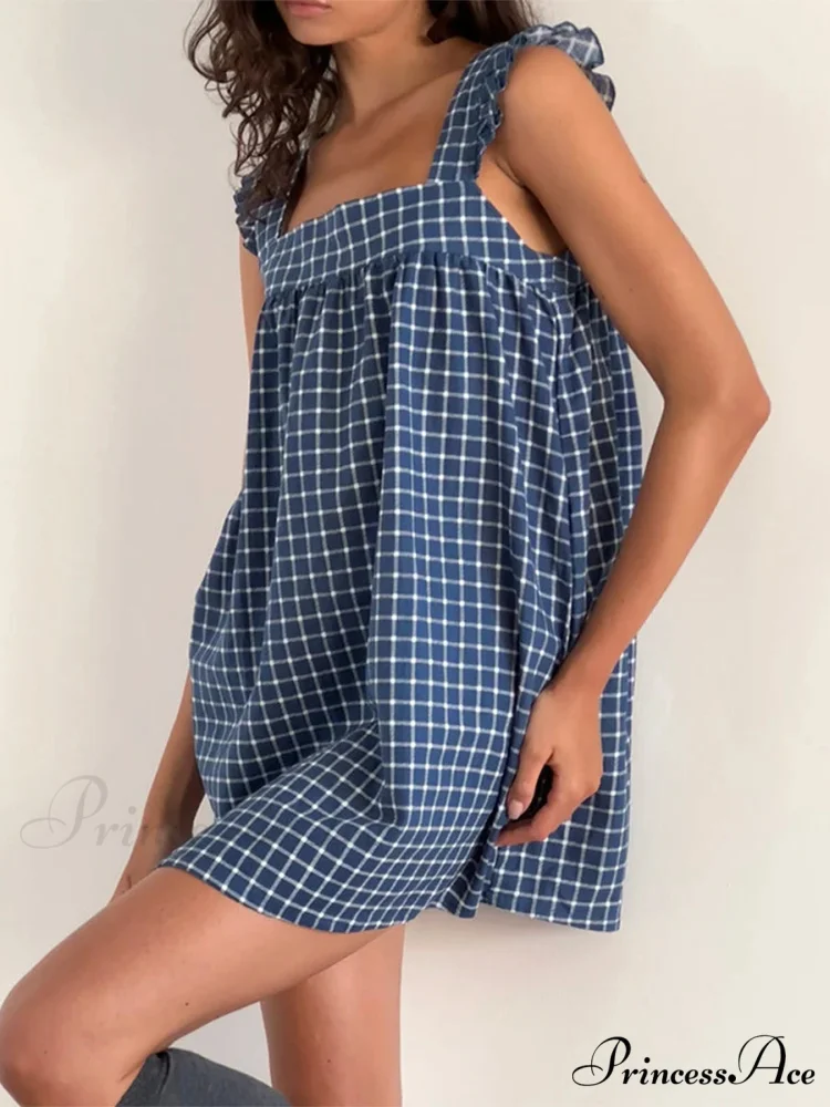 Checkered Frilled Square Neck Short Dress - Image 2
