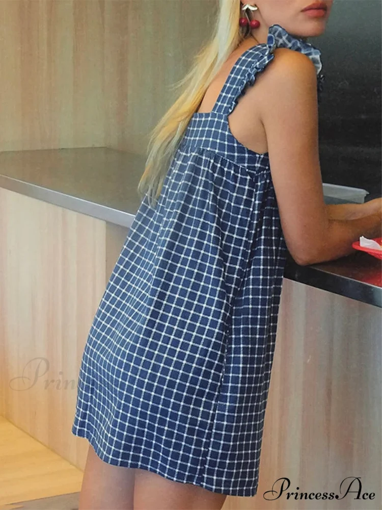 Checkered Frilled Square Neck Short Dress - Image 4