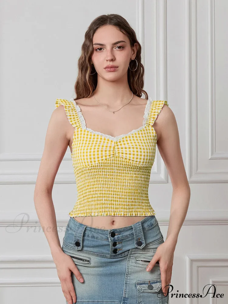Checkered Frilled Strap Sweetheart Lace Trim Cropped Tank Top - Image 10