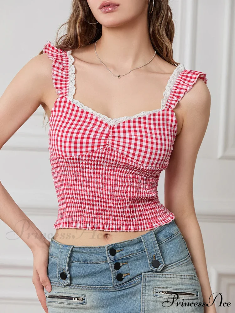 Checkered Frilled Strap Sweetheart Lace Trim Cropped Tank Top - Image 2
