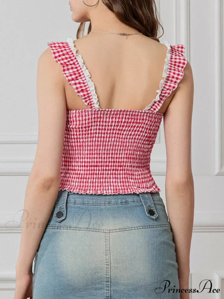 Checkered Frilled Strap Sweetheart Lace Trim Cropped Tank Top - Image 4