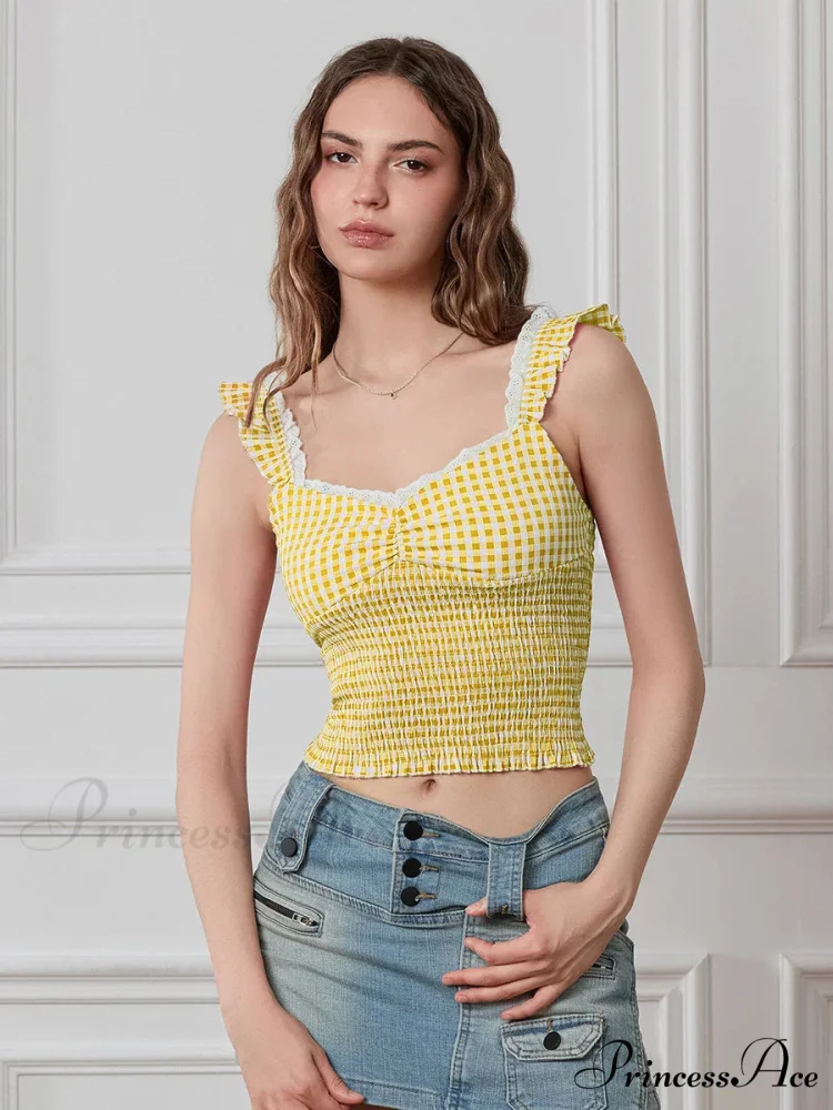 Checkered Frilled Strap Sweetheart Lace Trim Cropped Tank Top - Image 5