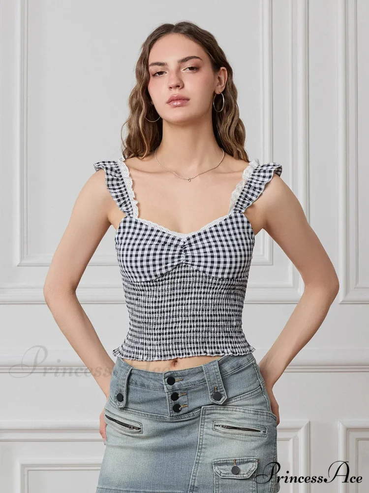 Checkered Frilled Strap Sweetheart Lace Trim Cropped Tank Top - Image 7