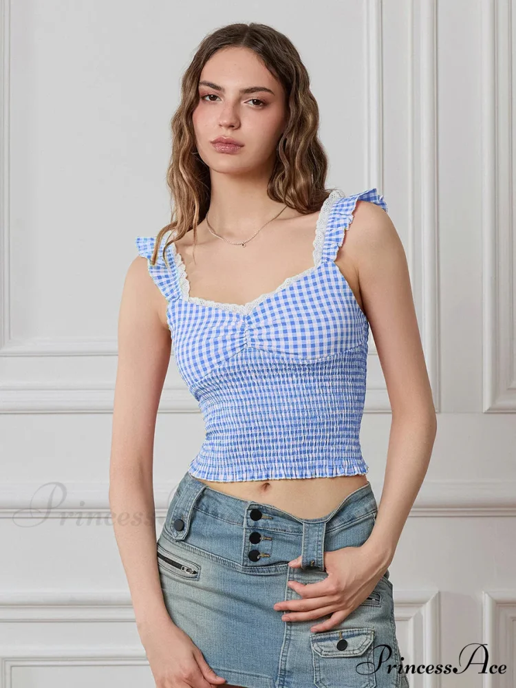 Checkered Frilled Strap Sweetheart Lace Trim Cropped Tank Top - Image 8