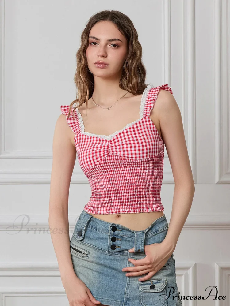 Checkered Frilled Strap Sweetheart Lace Trim Cropped Tank Top - Image 9